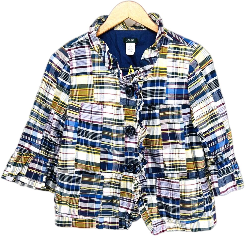J. Crew Plaid Cotton Blazer Jacket Womens S Tartan Preppy Academic Blue Y2K
